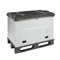 Plastový paletový box, skládací, 3 pojezdy, s otočnou klapkou, 1220x820x928mm